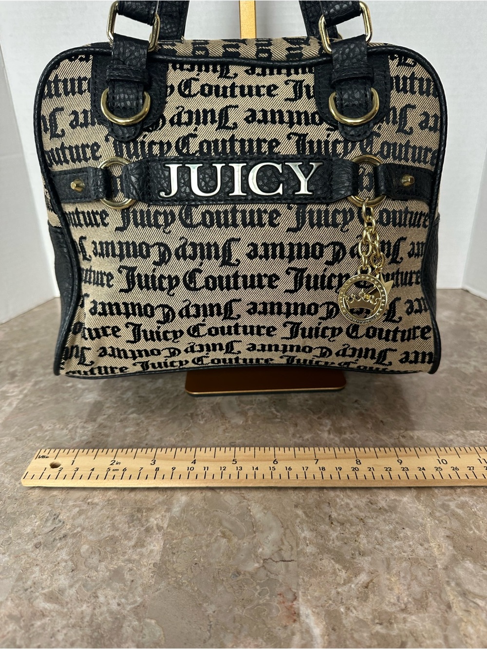 Juicy Couture Sweet Surrender Black Beige Satchel Monogram Dome Goth Hand Bag - Picture 10 of 13